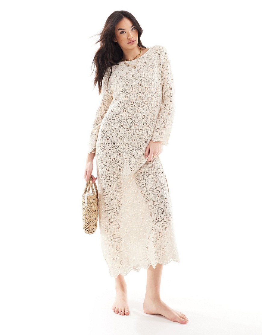IIsla & Bird long sleeve maxi crochet beach dress in cream-White