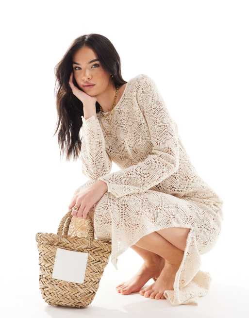 IIsla Bird long sleeve maxi crochet beach dress in cream ASOS