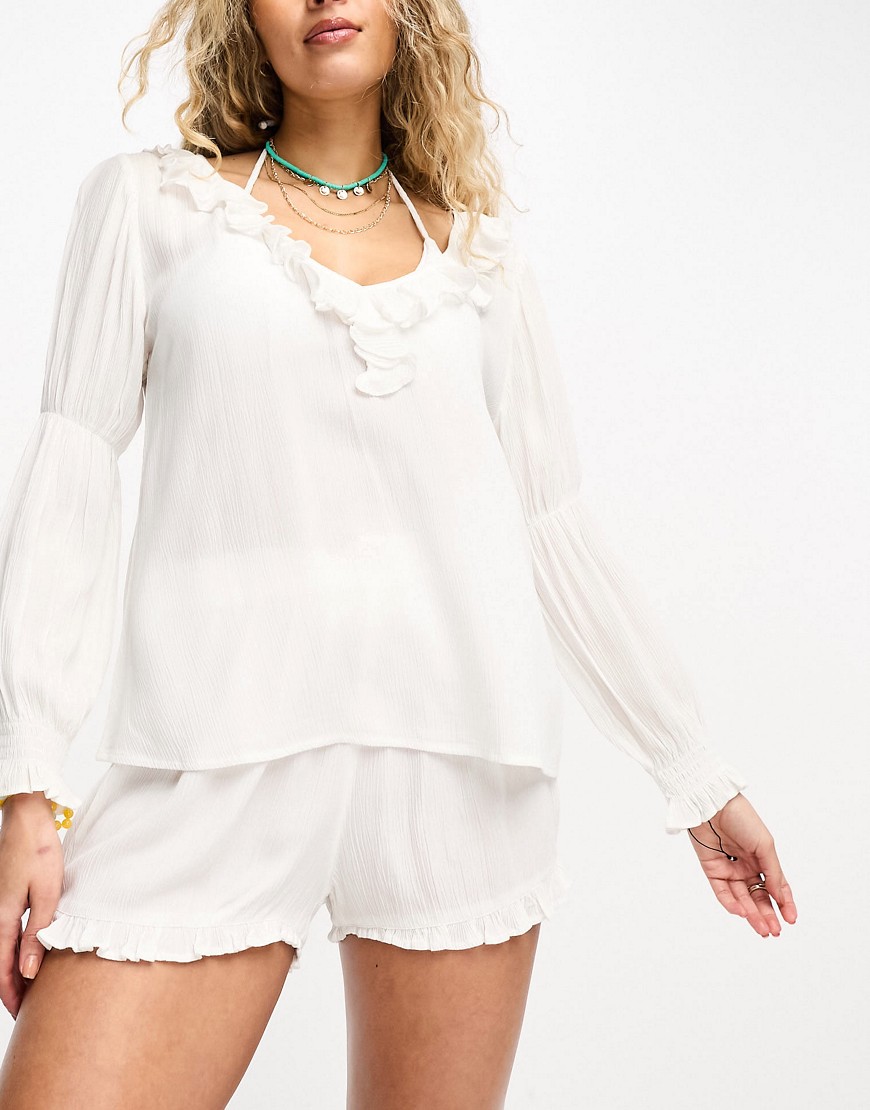 IIsla & Bird long sleeve ruffle beach top co-ord in white