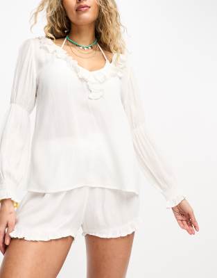 long sleeve ruffle beach top in white - part of a set