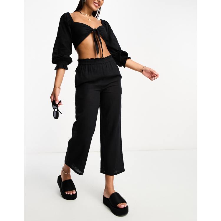 Iisla & Bird long sleeve tie front beach summer crop top in black