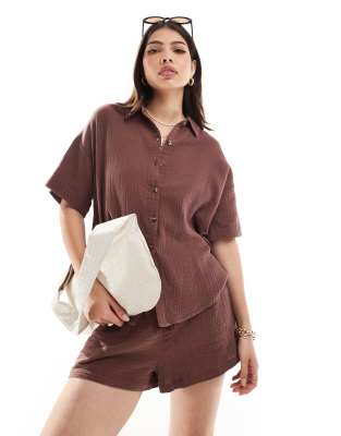 Iisla & Bird loose fit beach shirt co-ord in brown-Blue