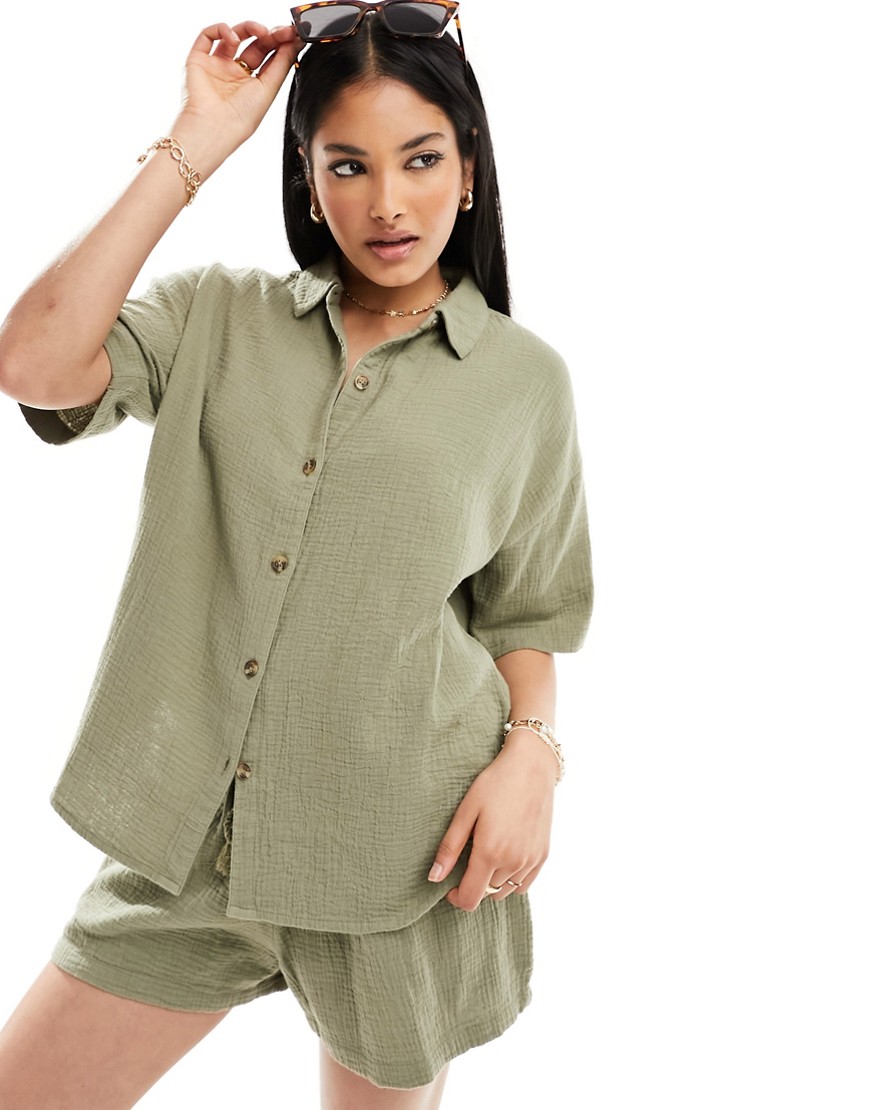 IIsla & Bird loose fit beach shirt co-ord in khaki-Green