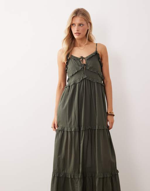 Iisla & Bird maxi ruffle beach dress in olive, 2 of 4