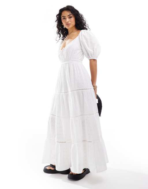 Iisla & Bird - Maxi strandjurk met pofmouwen en micro-broderie in wit