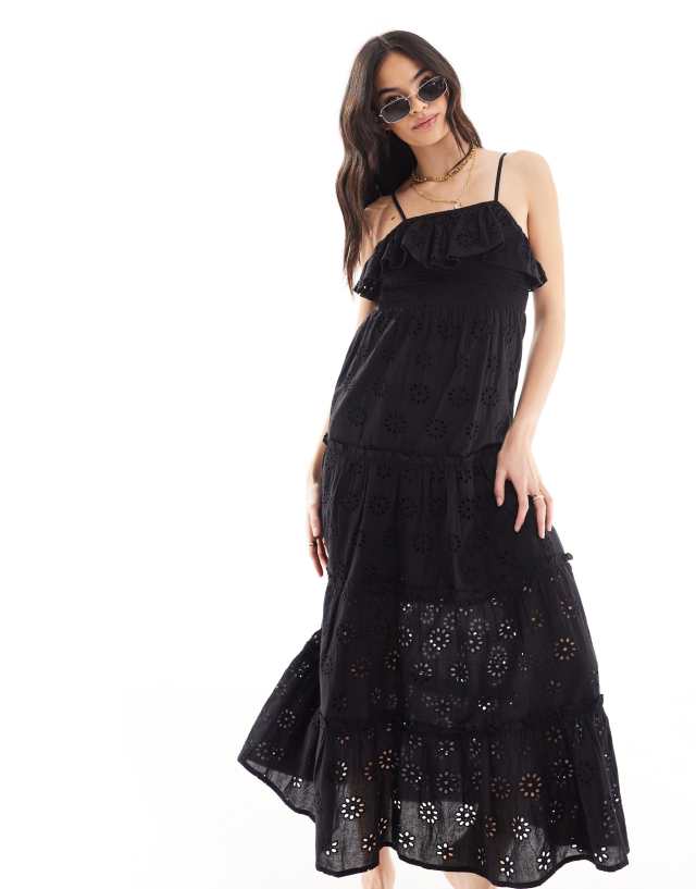 Iisla & Bird - maxi strappy broderie beach dress in black