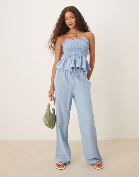 Iisla & Bird skinny waist band beach trouser co-ord in blue