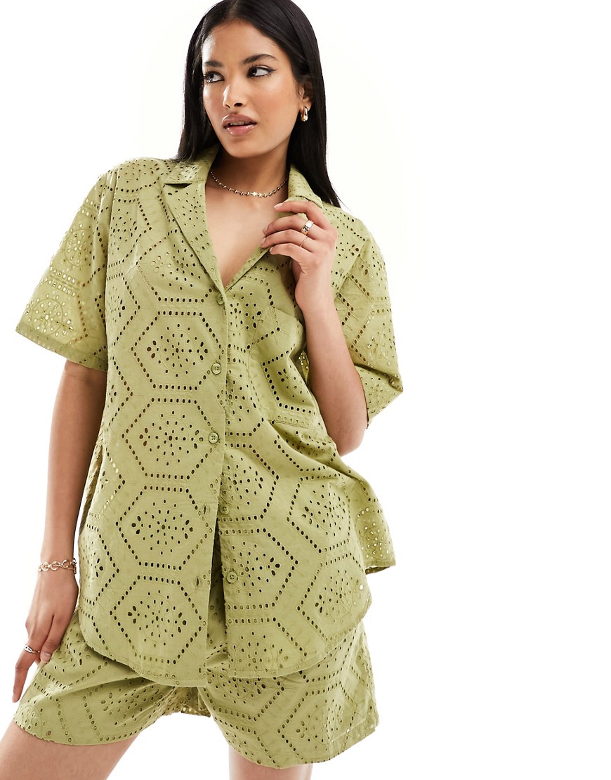 IIsla & Bird oversized broderie beach shirt co-ord in pine garden green