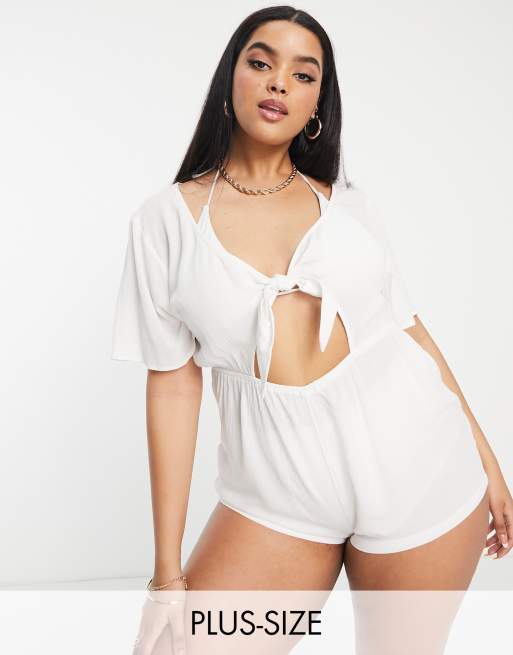 Iisla Bird Plus Exclusive tie front beach playsuit in cream ASOS