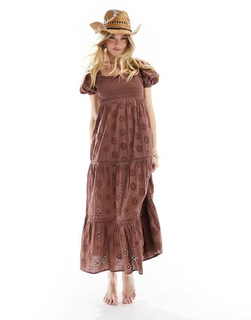 Iisla & Bird puff sleeve broderie maxi beach Yumi dress in brown