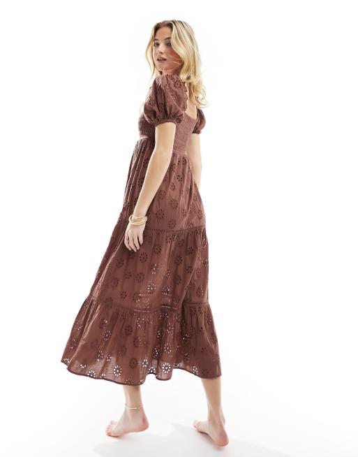 Iisla & Bird puff sleeve broderie maxi beach dress in brown, 2 of 4