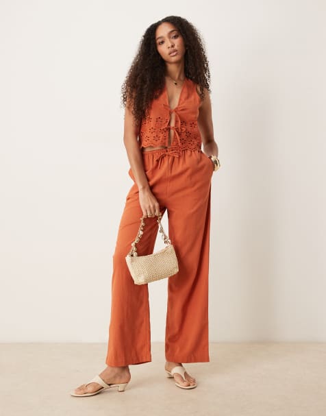 Iisla & Bird ruffle front beach trouser co-ord in rust