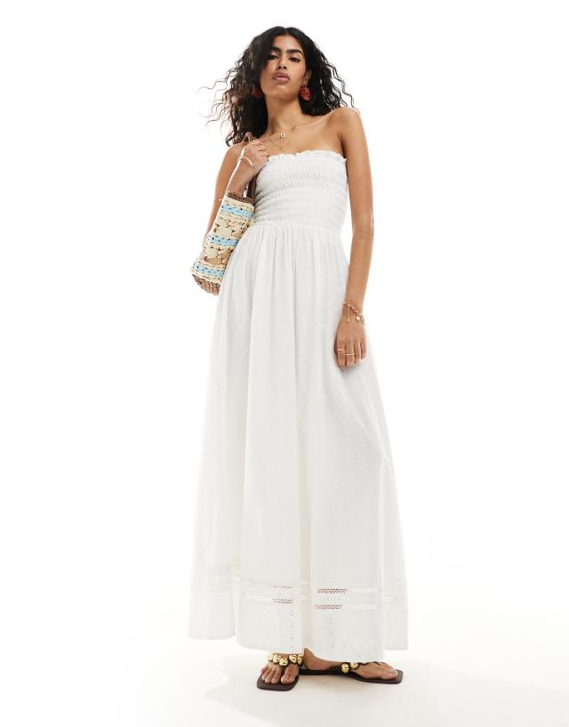 Isla & Bird - i ruched bandeau micro broderie maxi beach dress in white