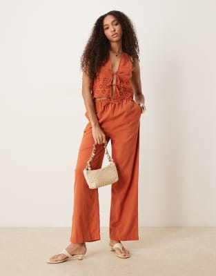 ruffle front beach pants in rust - part of a set-Orange
