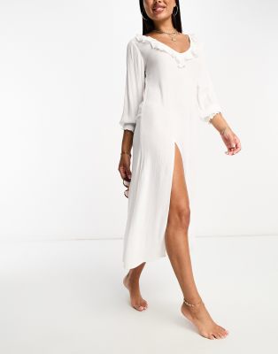 ruffle long sleeve beach summer dress in white