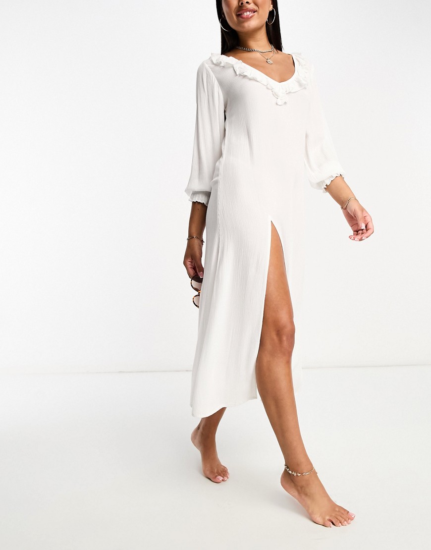 ruffle long sleeve beach summer dress in white