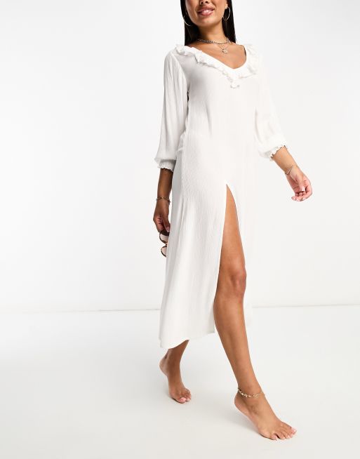 IIsla & Bird ruffle long sleeve beach summer dress in white | ASOS