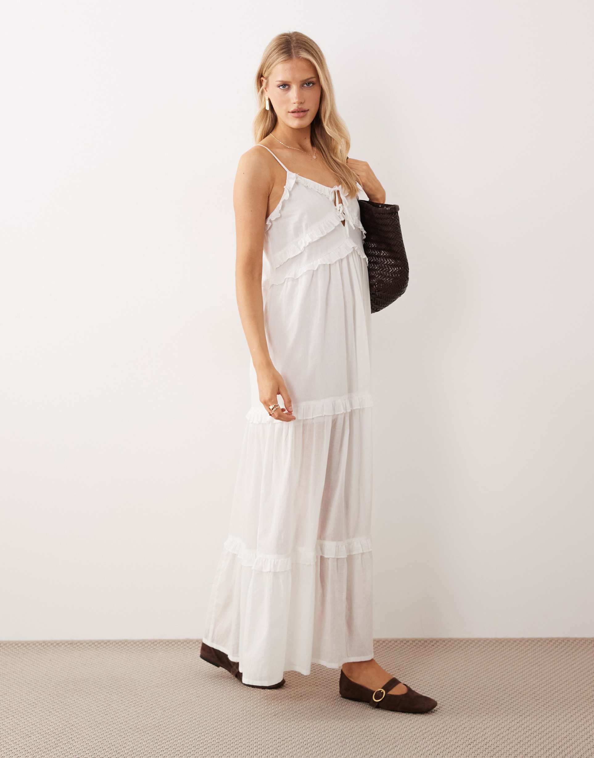 iisla & bird ruffle maxi dress in white