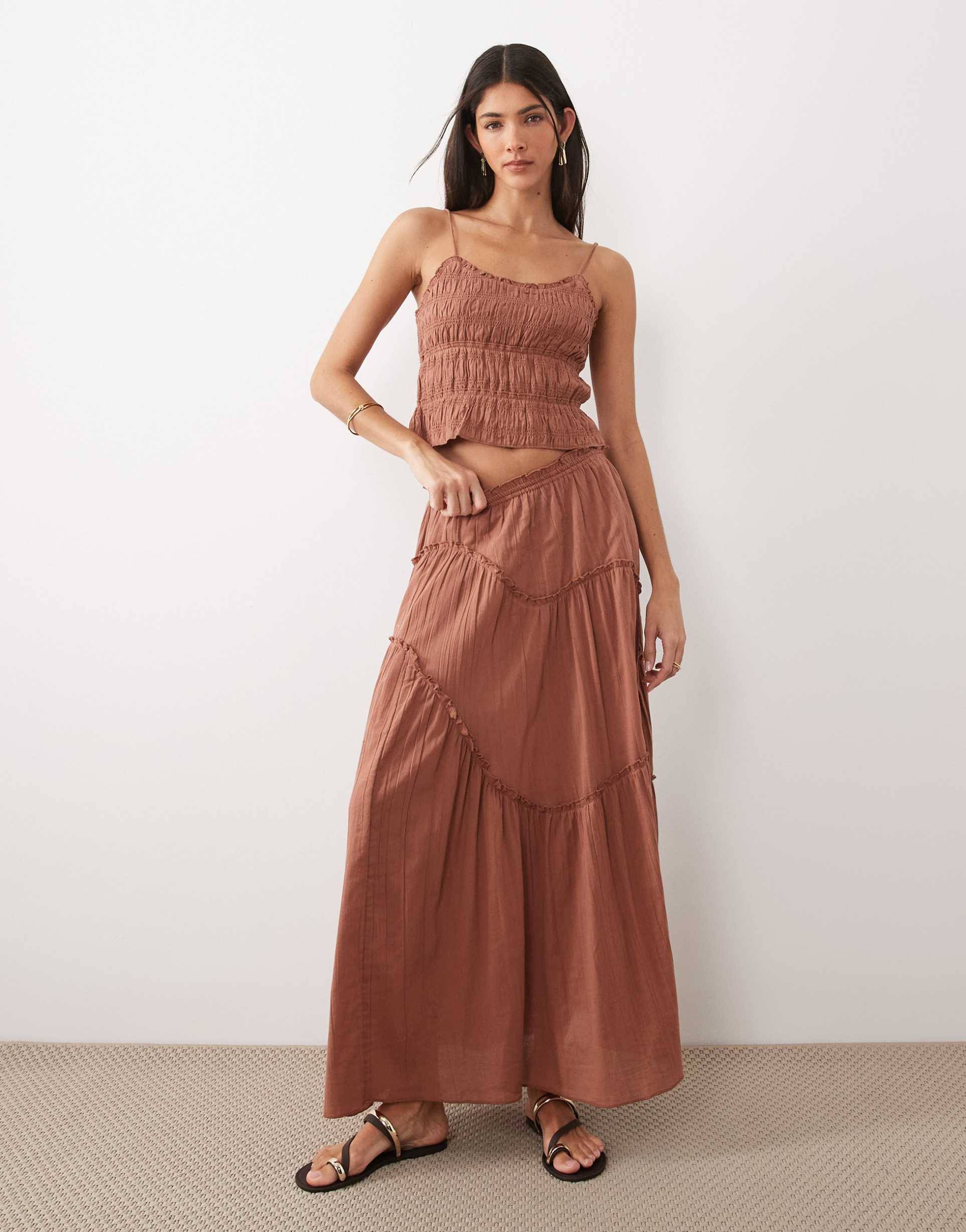 iisla & bird ruffle maxi skirt in mocha brown