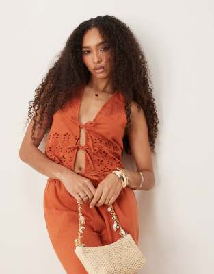 ruffle tie front eyelet vest in rust - part of a set-Orange