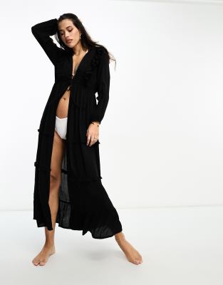 Iisla & Bird ruffle tie front tiered long sleeve maxi beach summer dress in black