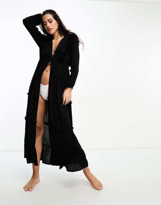 IIsla & Bird ruffle tie front tiered long sleeve maxi beach summer dress in black 