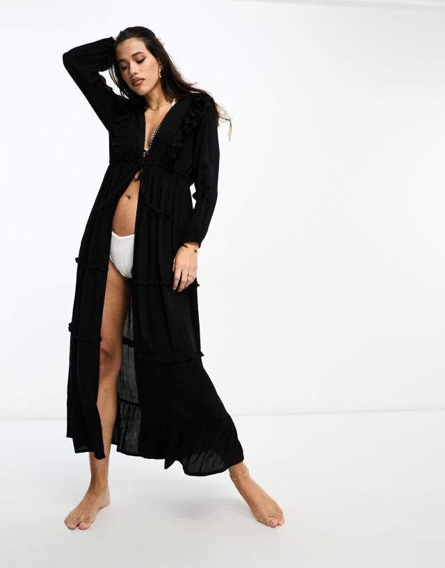 Iisla & Bird - ruffle tie front tiered long sleeve maxi beach summer dress in black