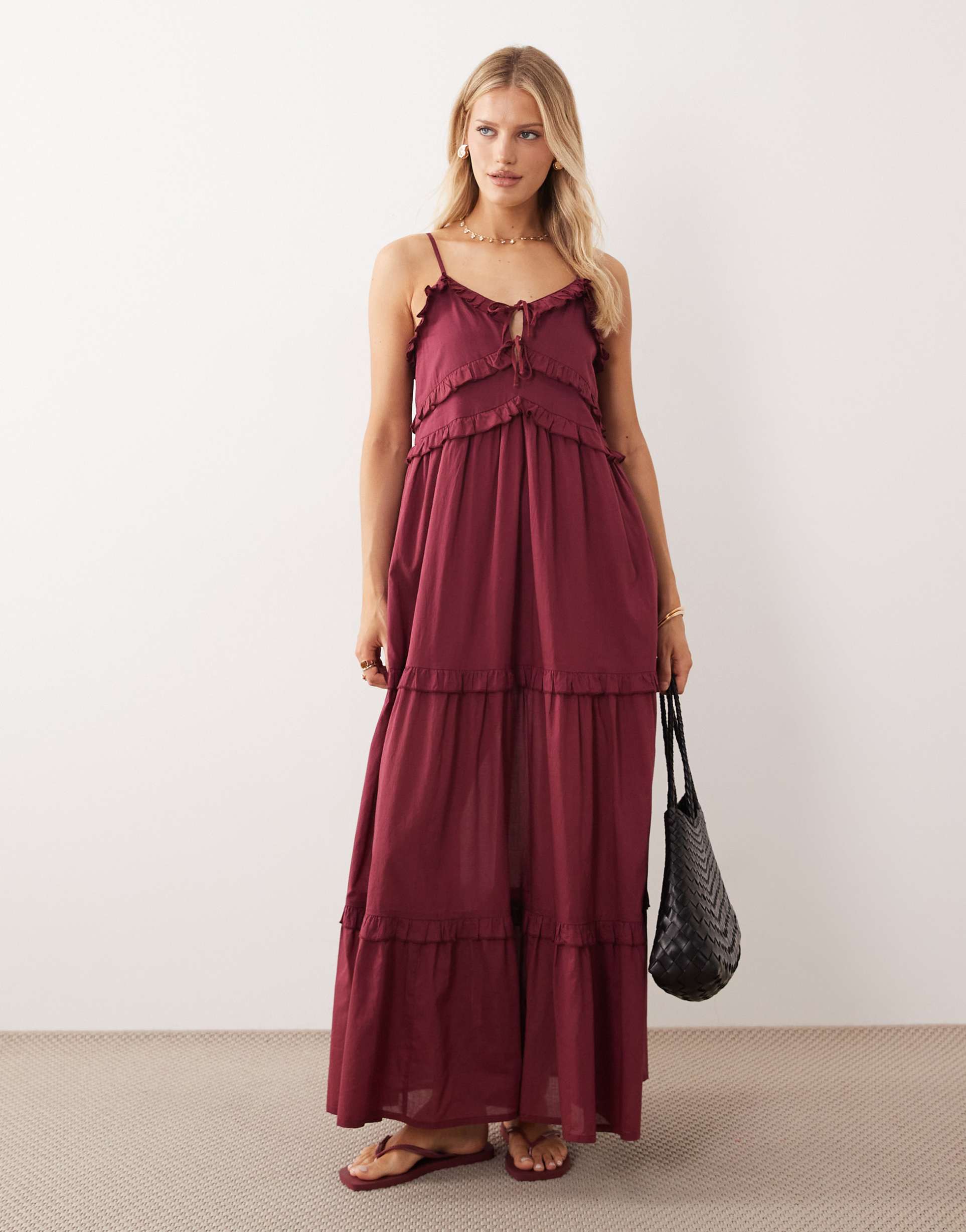 iisla & bird ruffled beach maxi dress in burgundy