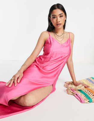 satin slip beach summer dress in pink