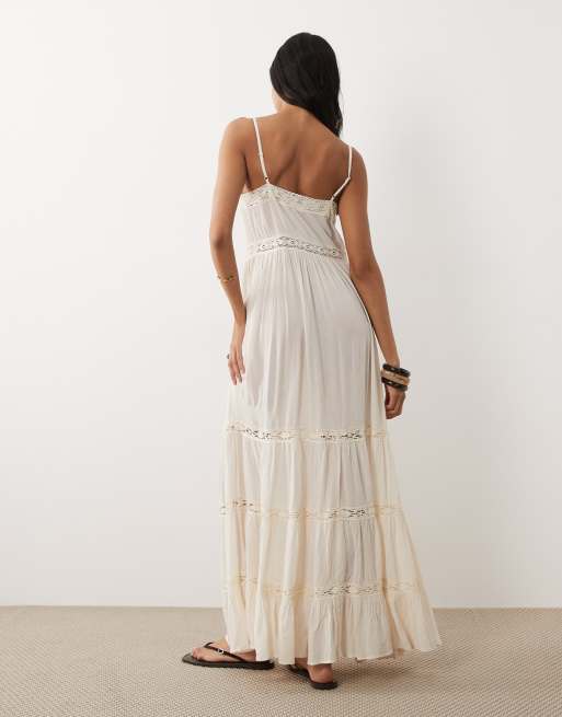 Iisla & Bird semi sheer button down maxi dress with lace detail in ecru, 4 of 4
