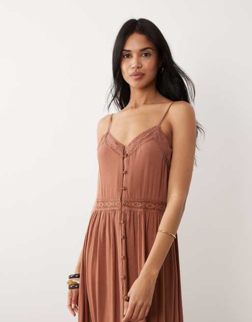 Iisla & Bird semi sheer button down maxi dress with lace detail in mocha brown, 2 of 4