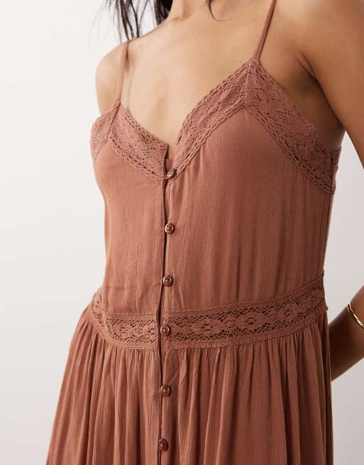 Iisla & Bird semi sheer button down maxi dress with lace detail in mocha brown, 3 of 4