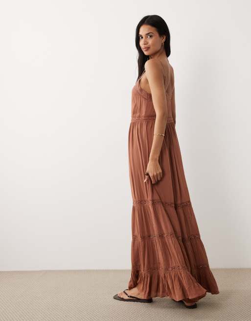 Iisla & Bird semi sheer button down maxi dress with lace detail in mocha brown, 4 of 4