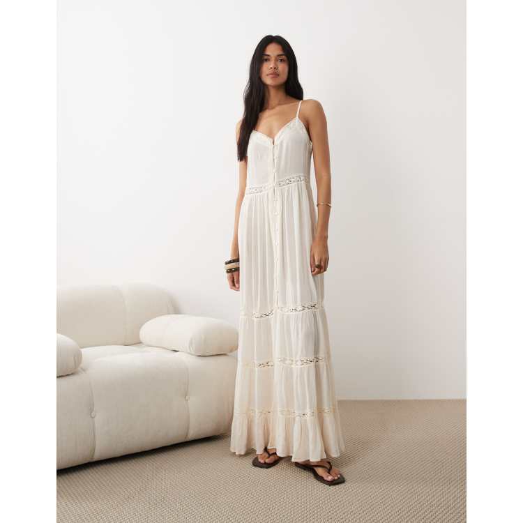 Iisla & Bird semi sheer button down maxi dress with lace detailing in ecru  | ASOS