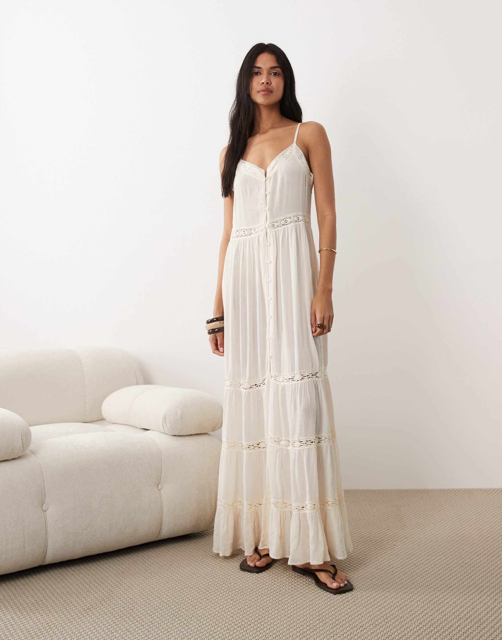 iisla & bird semi sheer button down maxi dress with lace detailing in ecru