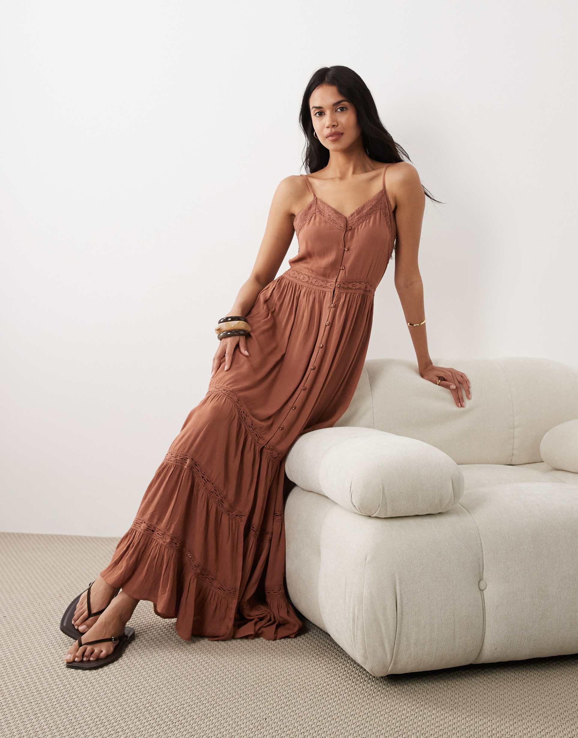 iisla & bird semi sheer button down maxi dress with lace detailing in mocha brown