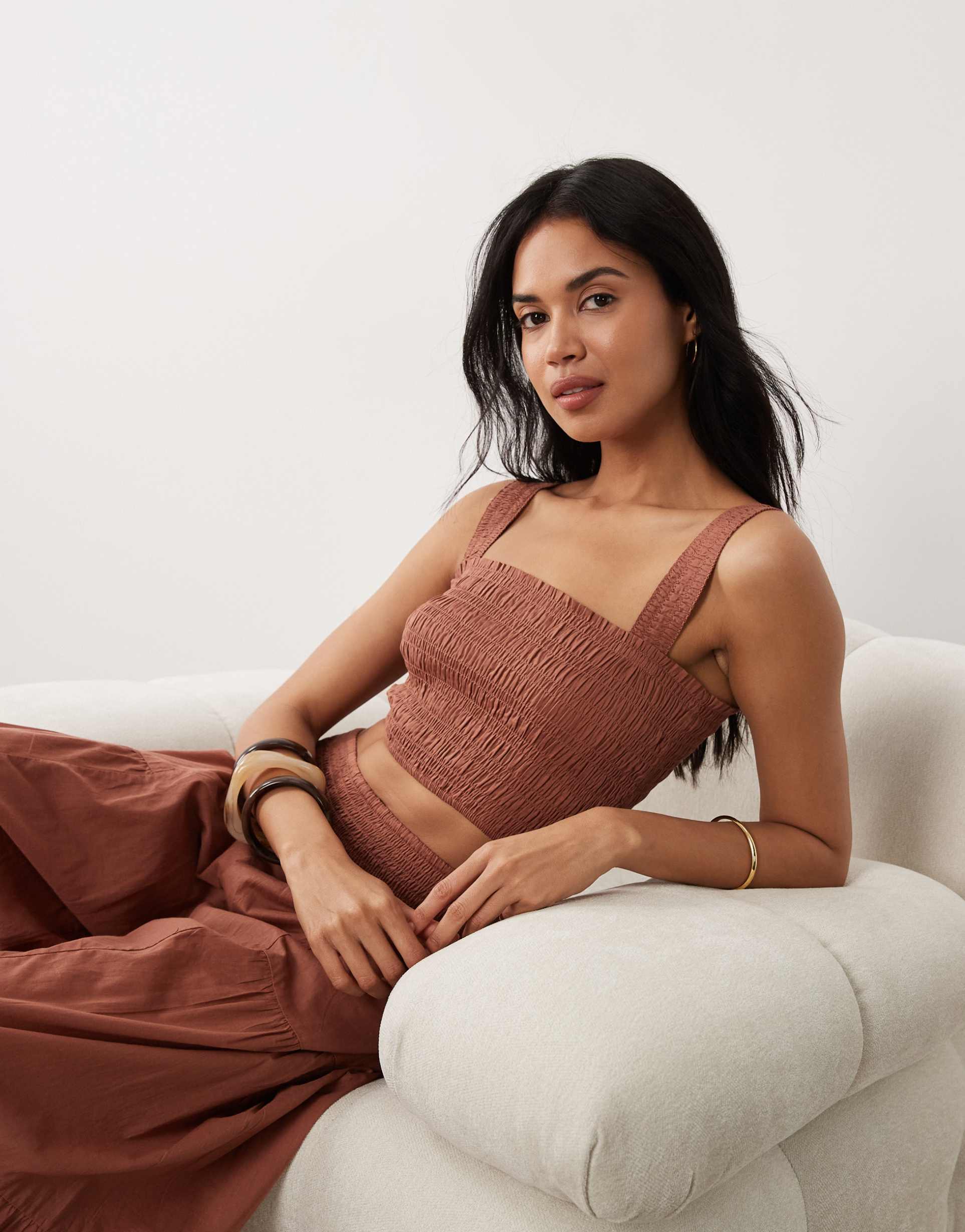iisla & bird shirred cami top in mocha brown