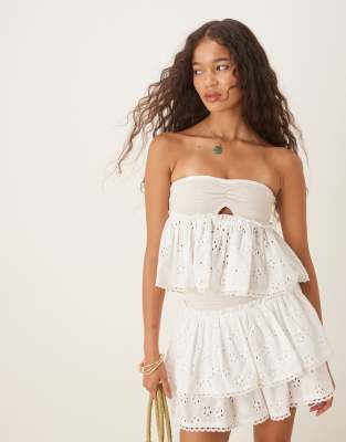 Iisla & Bird Iisla & Bird shirred cut out broderie beach top co-ord in white