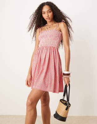 Iisla & Bird shirred mini beach dress in red gingham - view 1