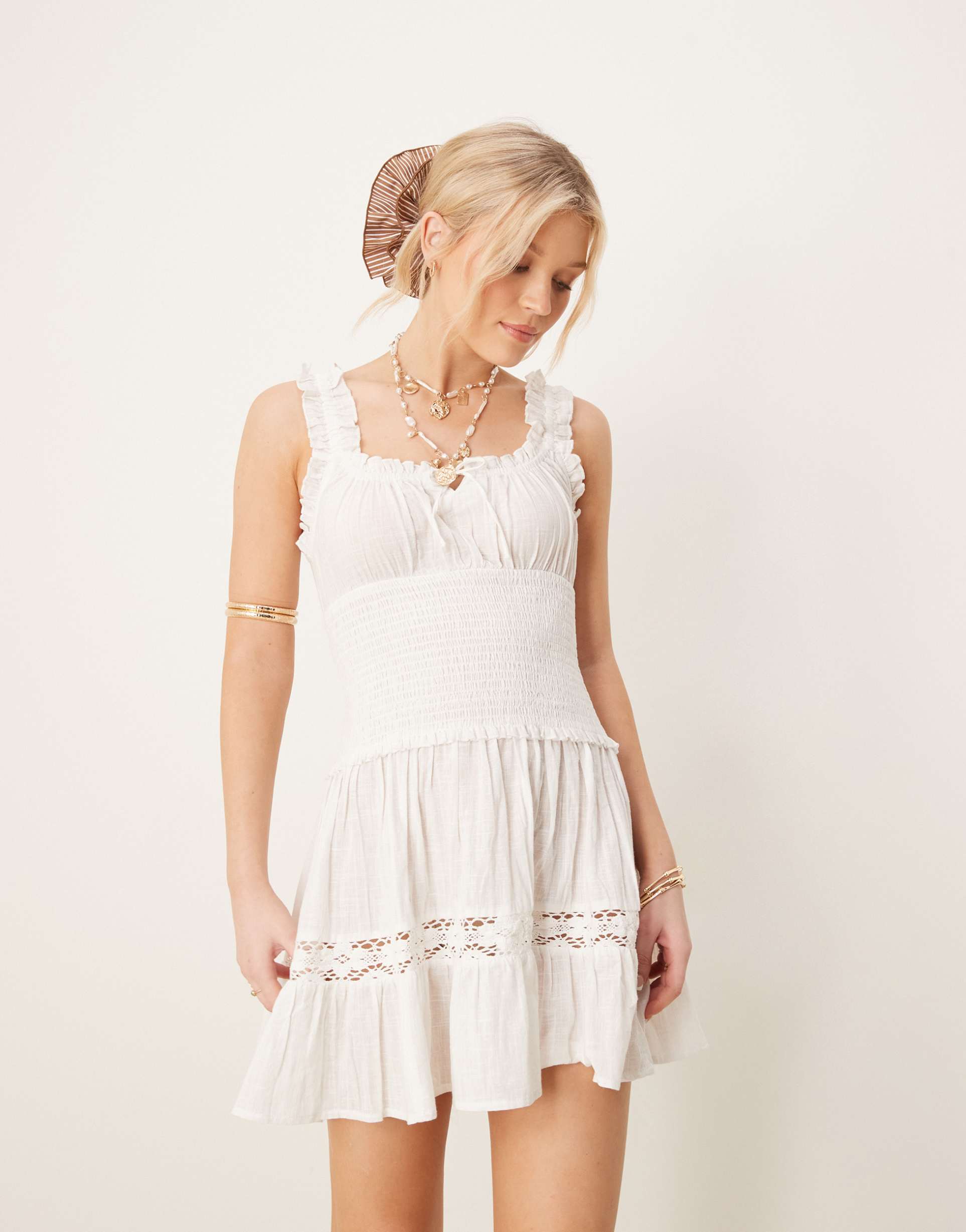 iisla & bird shirred mini beach dress in white