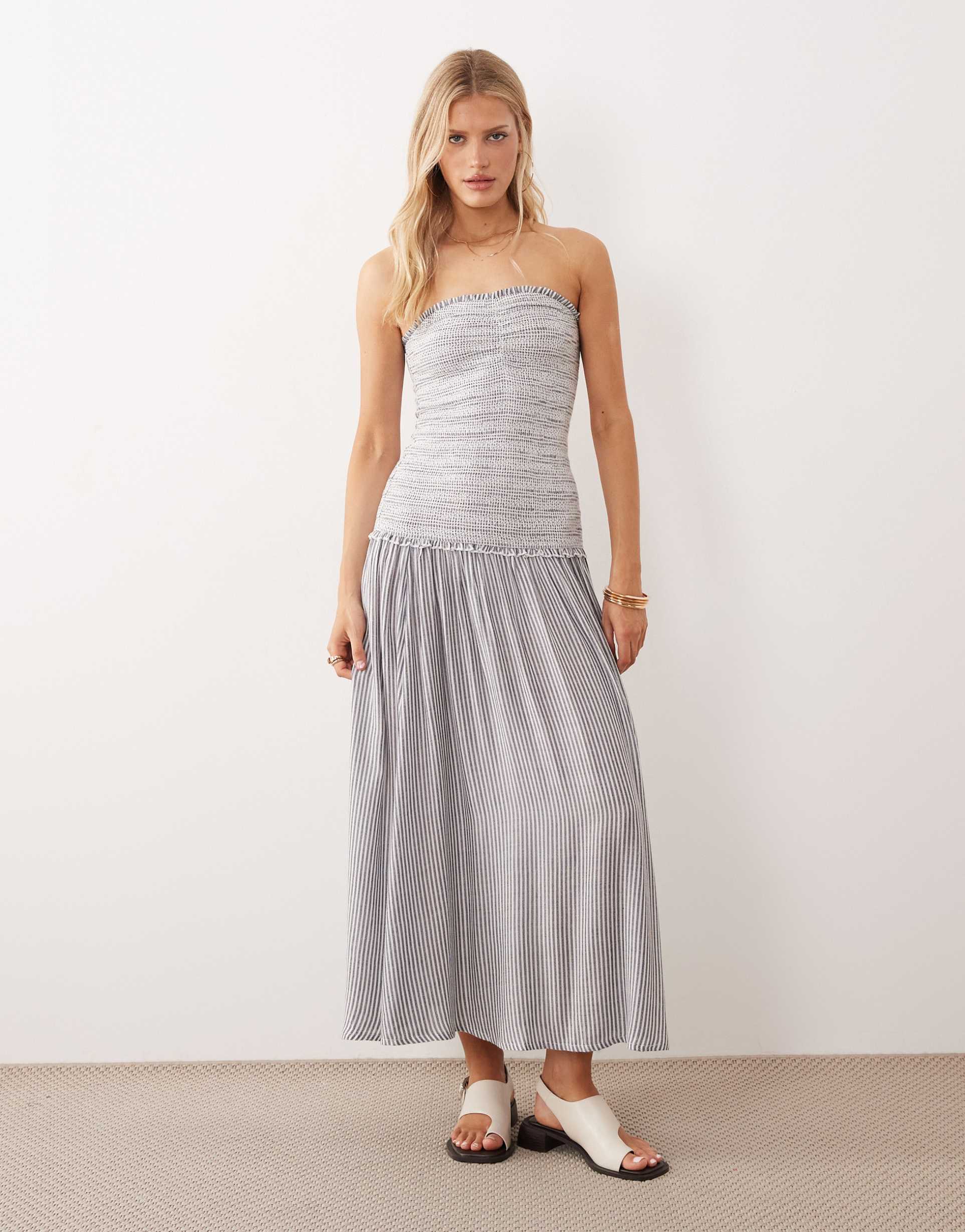 iisla & bird shirred strapless dropped waist beach dress in black and white stripes