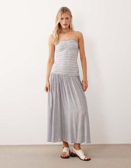 Iisla & Bird shirred strapless dropped waist beach dress in black and white  stripes | ASOS