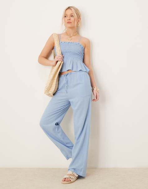Iisla & Bird skinny waist band beach trouser co-ord in blue