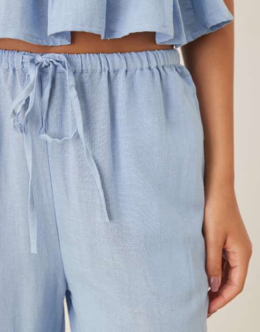Iisla & Bird skinny waist band beach trouser co-ord in blue, 4 of 5