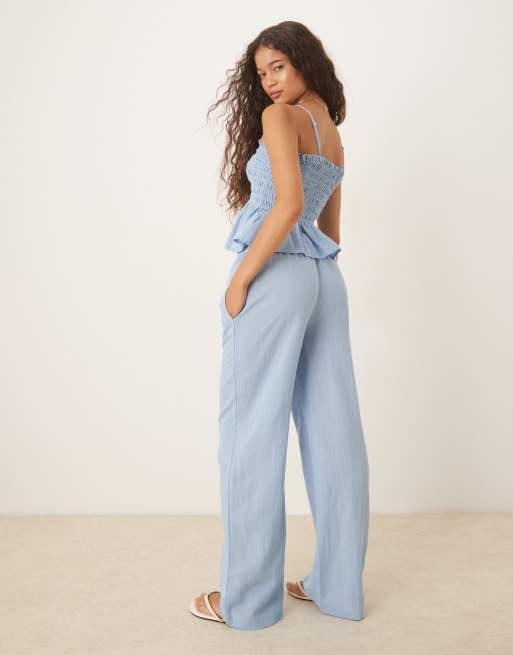 Iisla & Bird skinny waist band beach trouser co-ord in blue, 5 of 5