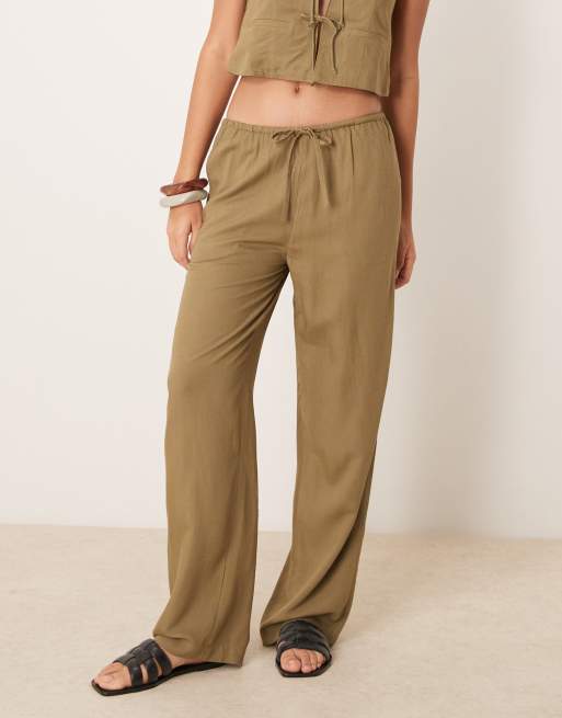 Iisla & Bird skinny waistband beach trouser co-ord in olive green, 3 of 4