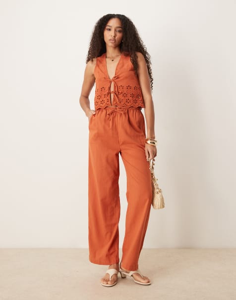 Iisla & Bird - Strand co-ord set van broderie met ruches in roestbruin - view 1