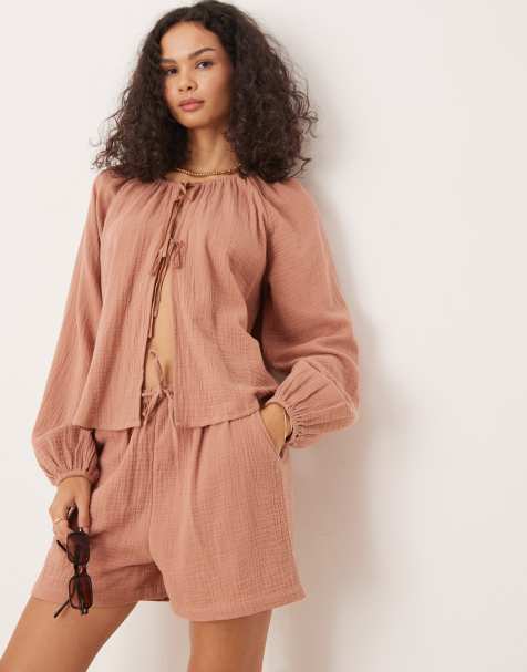 Iisla & Bird - Strandtop met lange mouwen en gestrikte voorkant in roestkleur, deel van co-ord set - view 1
