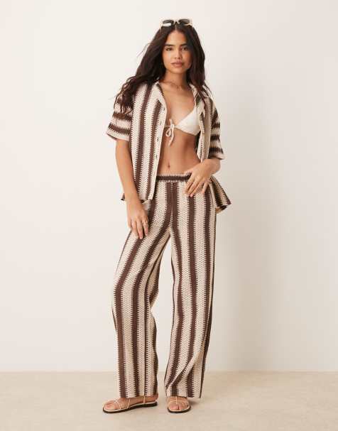 Iisla & Bird stripe crochet beach pants in brown and cream (part of a set) - view 1