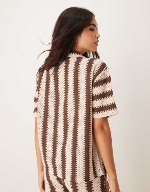 Iisla & Bird stripe crochet beach shirt in brown and cream - part of a set